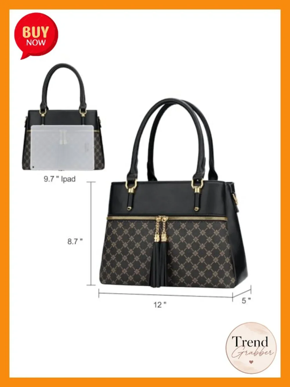 Vegan PU Leather Top Handle Satchel - 3 Compartment, Zipper Pockets